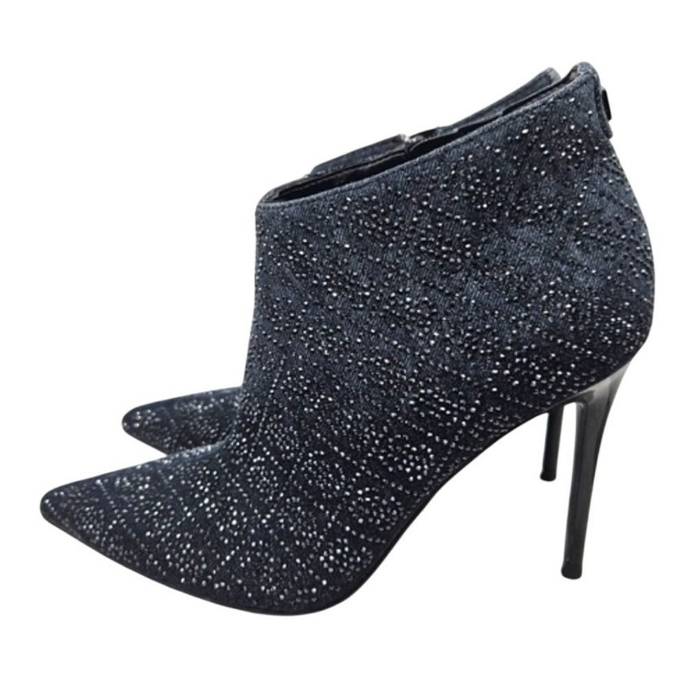 GUESS Womens Dark Blue Denim Rhinestone Pointed Toe Stiletto Ankle Boots Zip